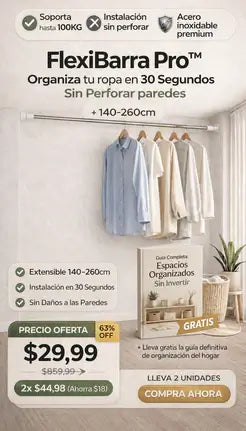 FlexiBarra Pro™ – Organiza y Cuelga tu Ropa en 30 Segundos Sin Perforar Paredes